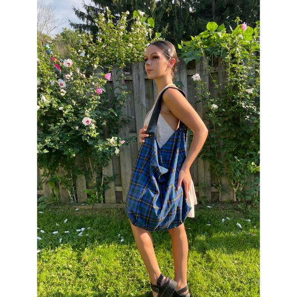 Handmade, blue plaid large hobo bag, vintage cotton fabric, leather strap - Picture 2 of 7